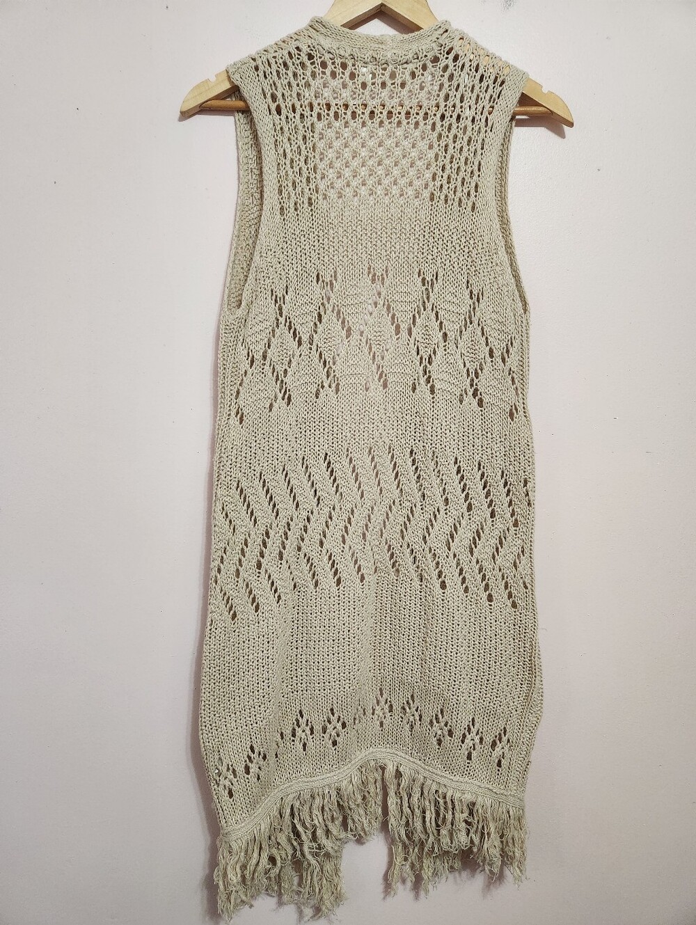 Retrod Boho Open Knit Crochet Fringe Sleeveless Long Duster Vest Oatmeal Size S - Picture 3 of 8